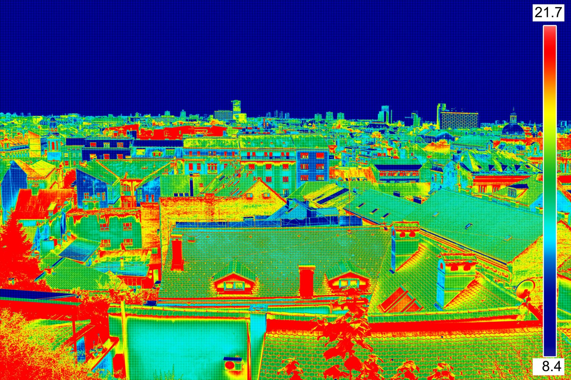 Infrared thermovision image panorama of Zagreb, showing difference temperature